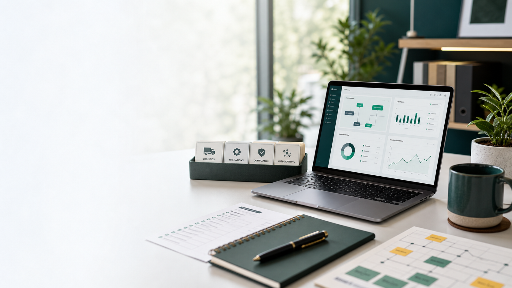 Modern workspace with software dashboards, workflow diagrams, data charts, and operational planning materials.