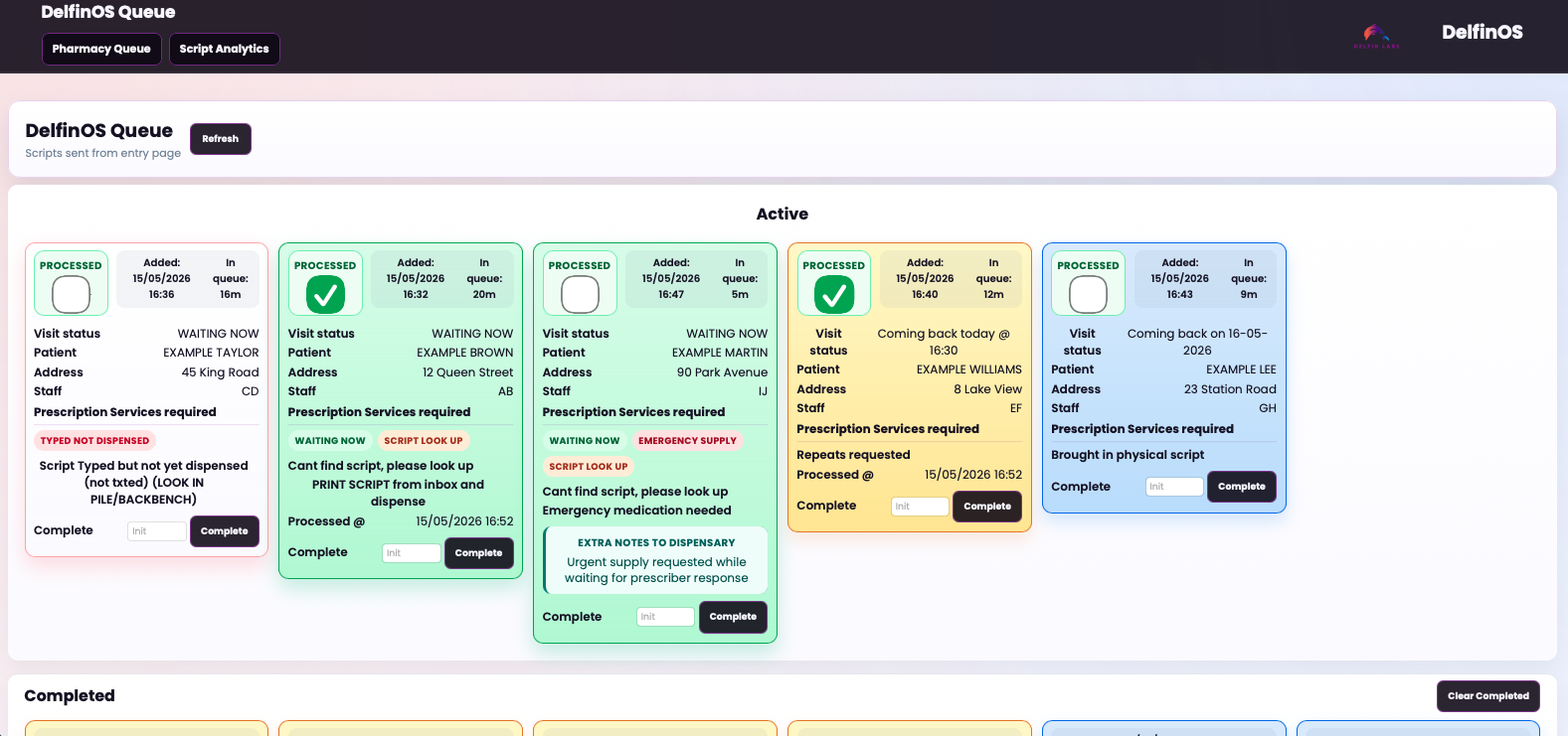 DelfinOS central pharmacy operations screen