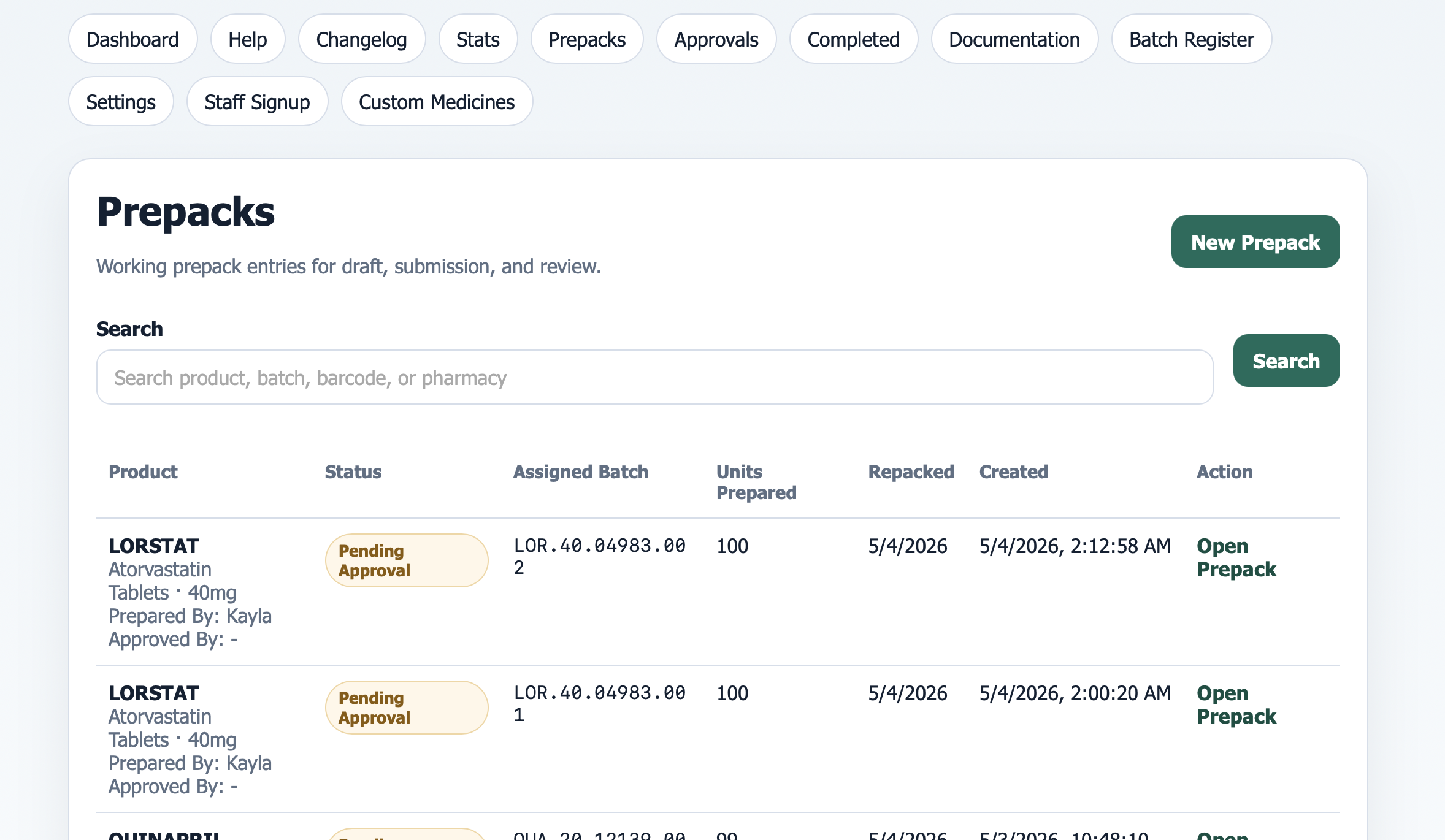 Prepack Portal prepacks workflow screen