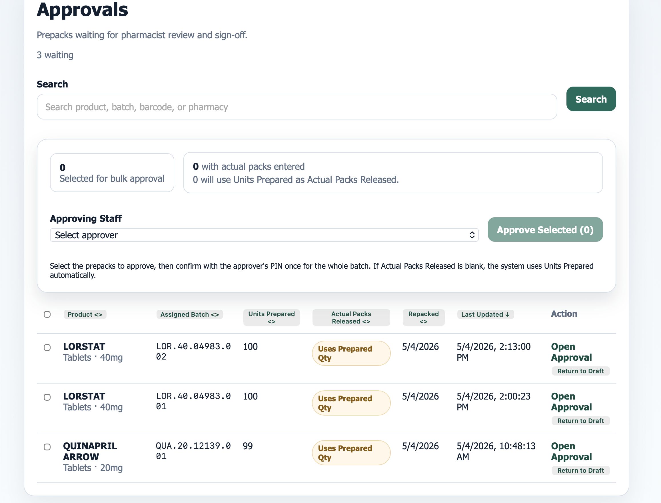 Prepack Portal documentation and records screen