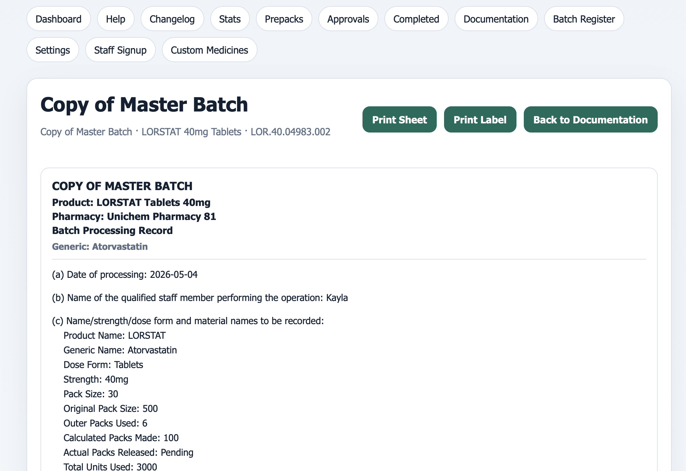 Prepack Portal operational screen